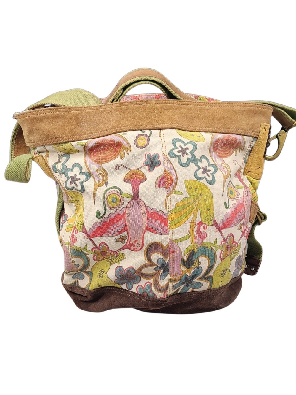 Lucky Brand Bird Print Canvas Leather Shoulder Hobo Tote Bag 70s Style Flower
